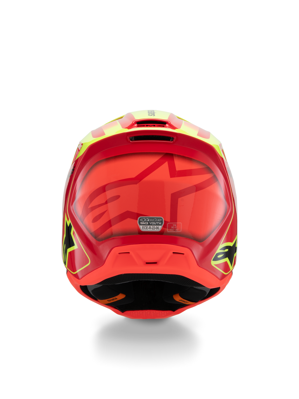 Alpinestars S-M3 Youth Fray hjelm, motocross-hjelm til unge, rød, fluoriserende gul og blank sort, set bagfra med et stort tonalt stjernelogo, ECE 22.06-certificeringsmærkat og aerodynamisk skaldesign med sidelogoer.