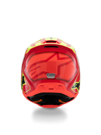 Alpinestars S-M3 Youth Fray hjelm, motocross-hjelm til unge, rød, fluoriserende gul og blank sort, set bagfra med et stort tonalt stjernelogo, ECE 22.06-certificeringsmærkat og aerodynamisk skaldesign med sidelogoer.