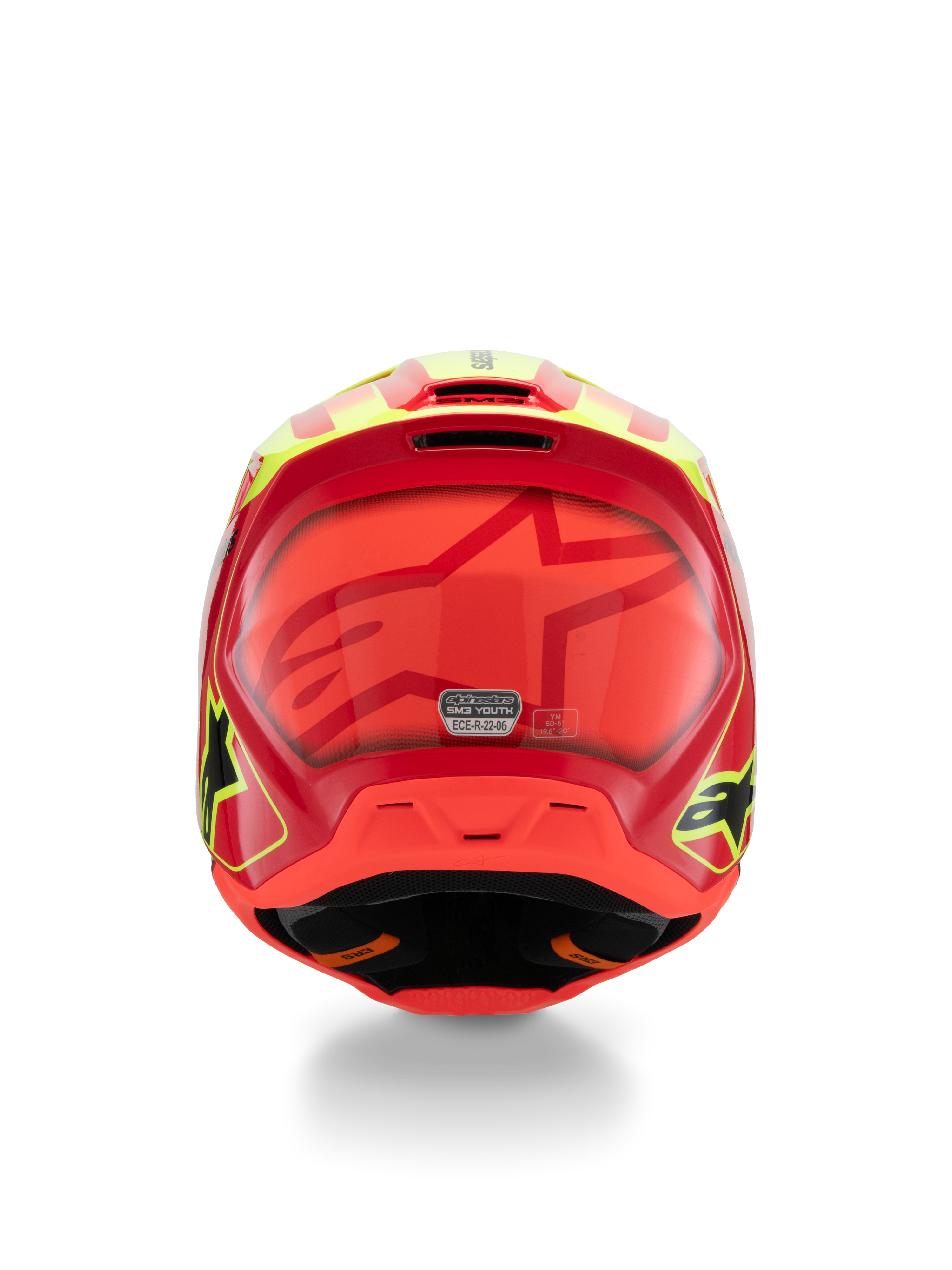 Alpinestars S-M3 Youth Fray hjelm, motocross-hjelm til unge, rød, fluoriserende gul og blank sort, set bagfra med et stort tonalt stjernelogo, ECE 22.06-certificeringsmærkat og aerodynamisk skaldesign med sidelogoer.
