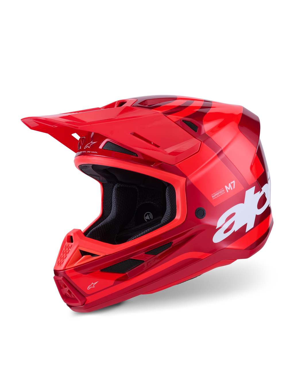 Alpinestars S-M7 Core hjelm, motocross-hjelm, blank rød, rød grafik i flere nuancer med stort hvidt logo, aerodynamisk kompositskal med flere ventilationsporte og justerbart visir, professionelt off-road racerudstyr