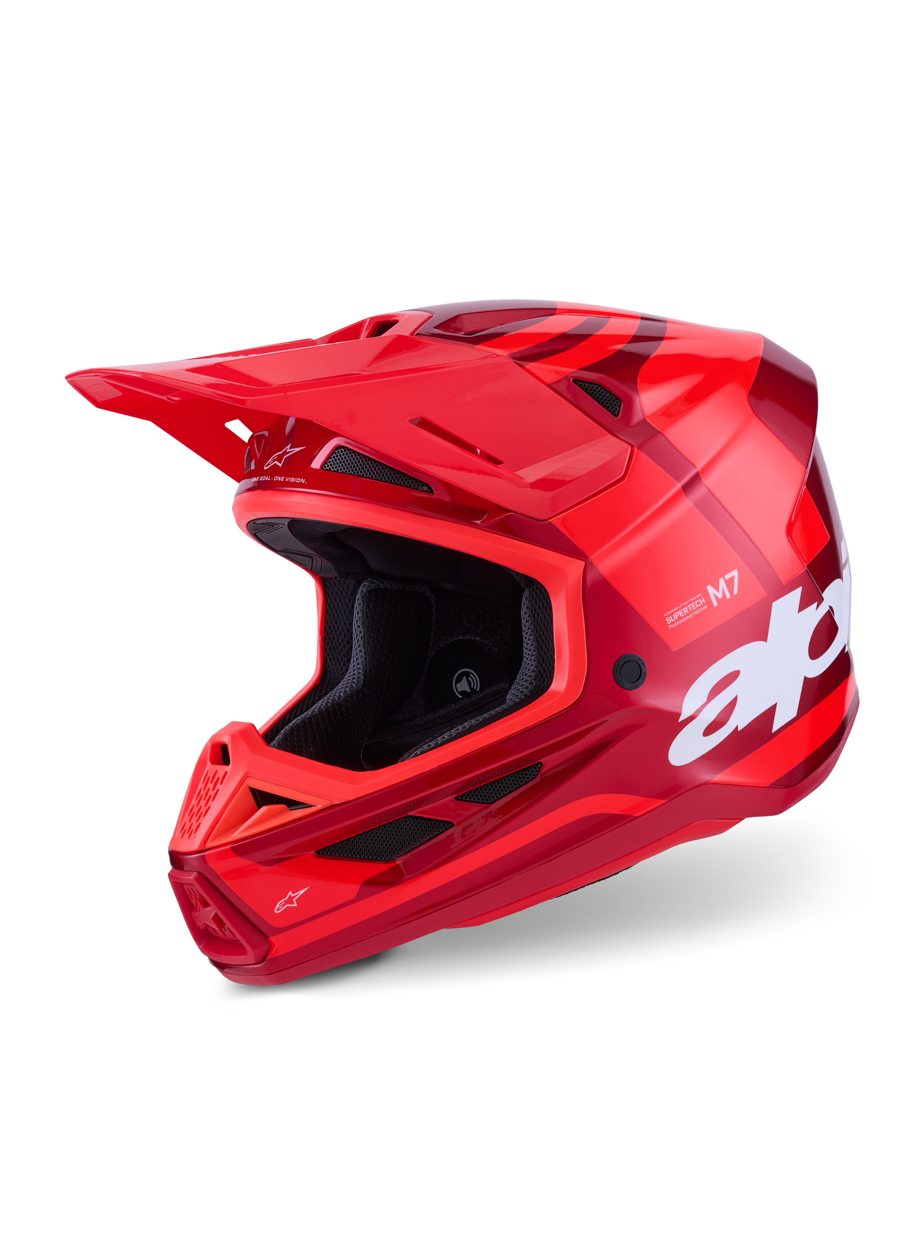 Alpinestars S-M7 Core hjelm, motocross-hjelm, blank rød, rød grafik i flere nuancer med stort hvidt logo, aerodynamisk kompositskal med flere ventilationsporte og justerbart visir, professionelt off-road racerudstyr