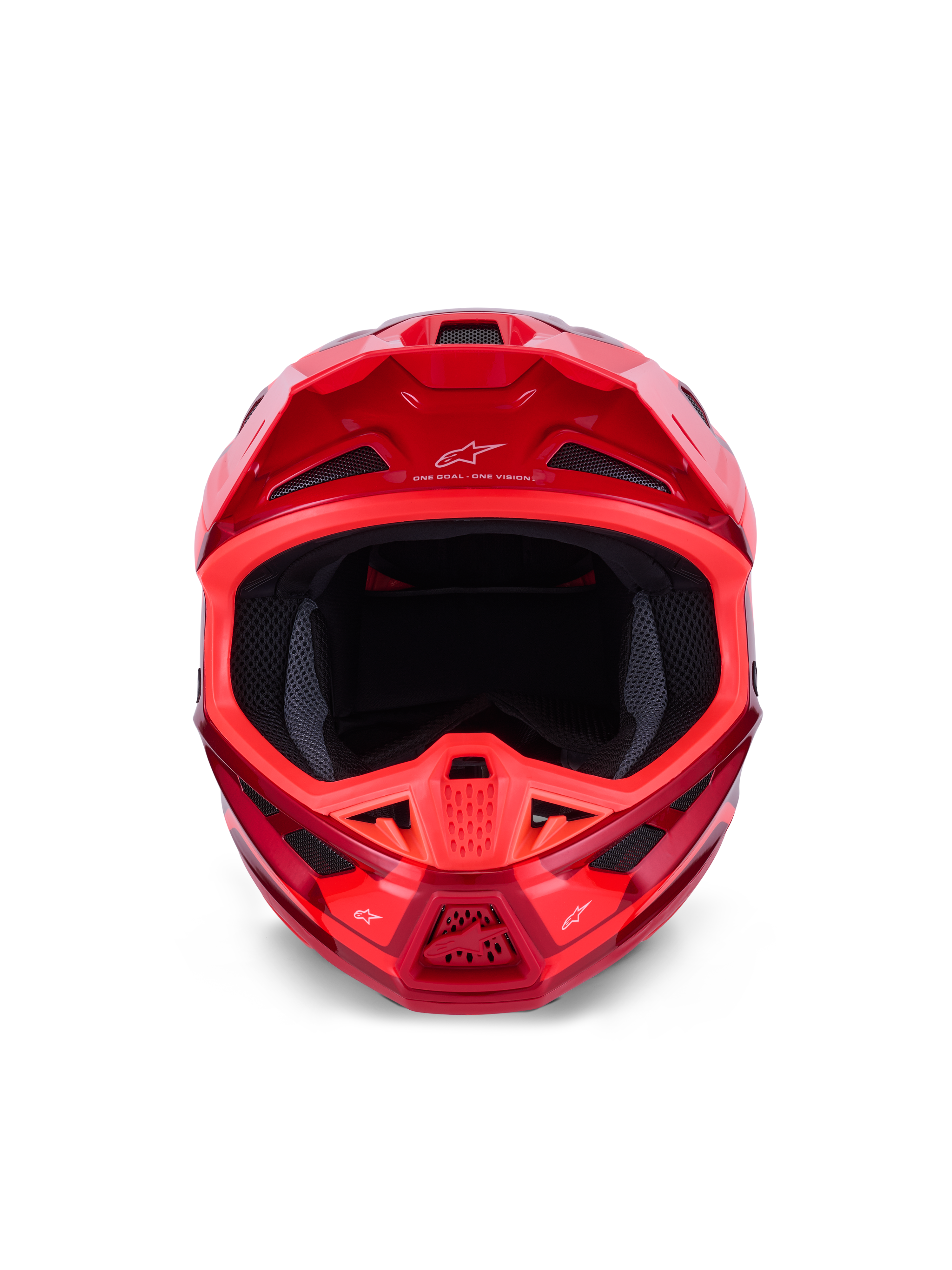 Alpinestars S-M7 Core hjelm, motocrosshjelm, blank rød, set forfra, viser flere indtagsventiler og aerodynamisk design, Astars-branding på visir og hagebøjle, professionelt off-road racerudstyr