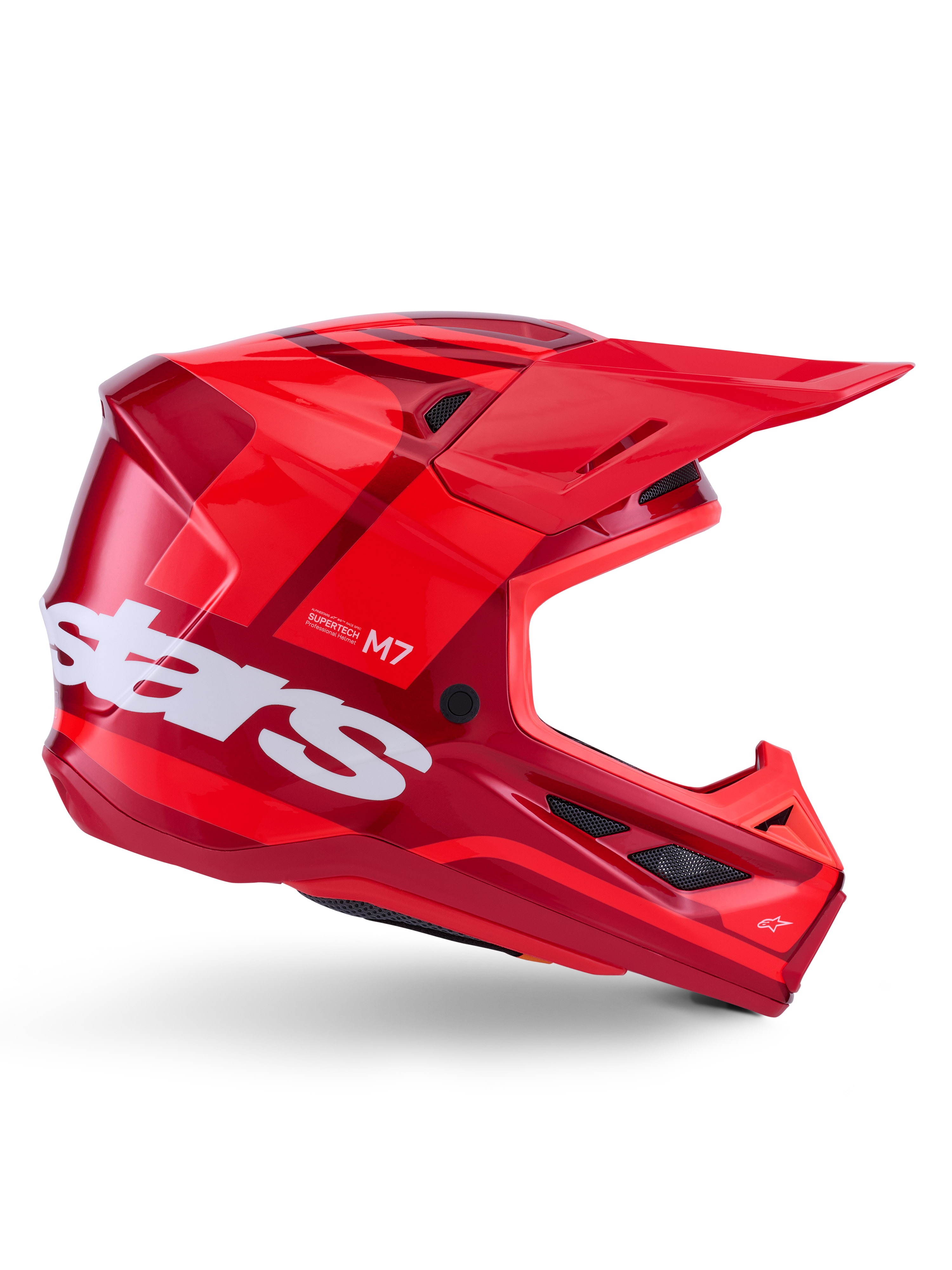 Alpinestars S-M7 Core Helmet, Motocross Helmet, Red Glossy with dark red accents and white branding, side view featuring large white stars logo, aerodynamic shell with mesh ventilation ports and a prominent visor