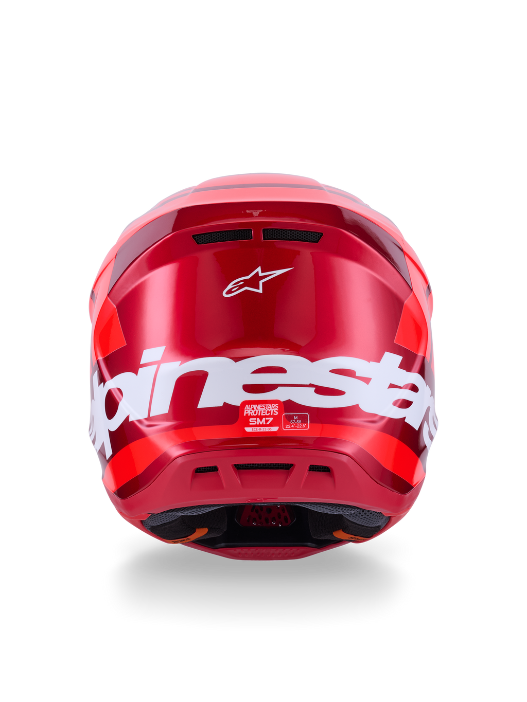 Alpinestars S-M7 Core hjelm, blank rød, set bagfra med stort hvidt Alpinestars-branding, aerodynamisk skal med integrerede ventilationsporte, professionel motocross-hovedbeskyttelse