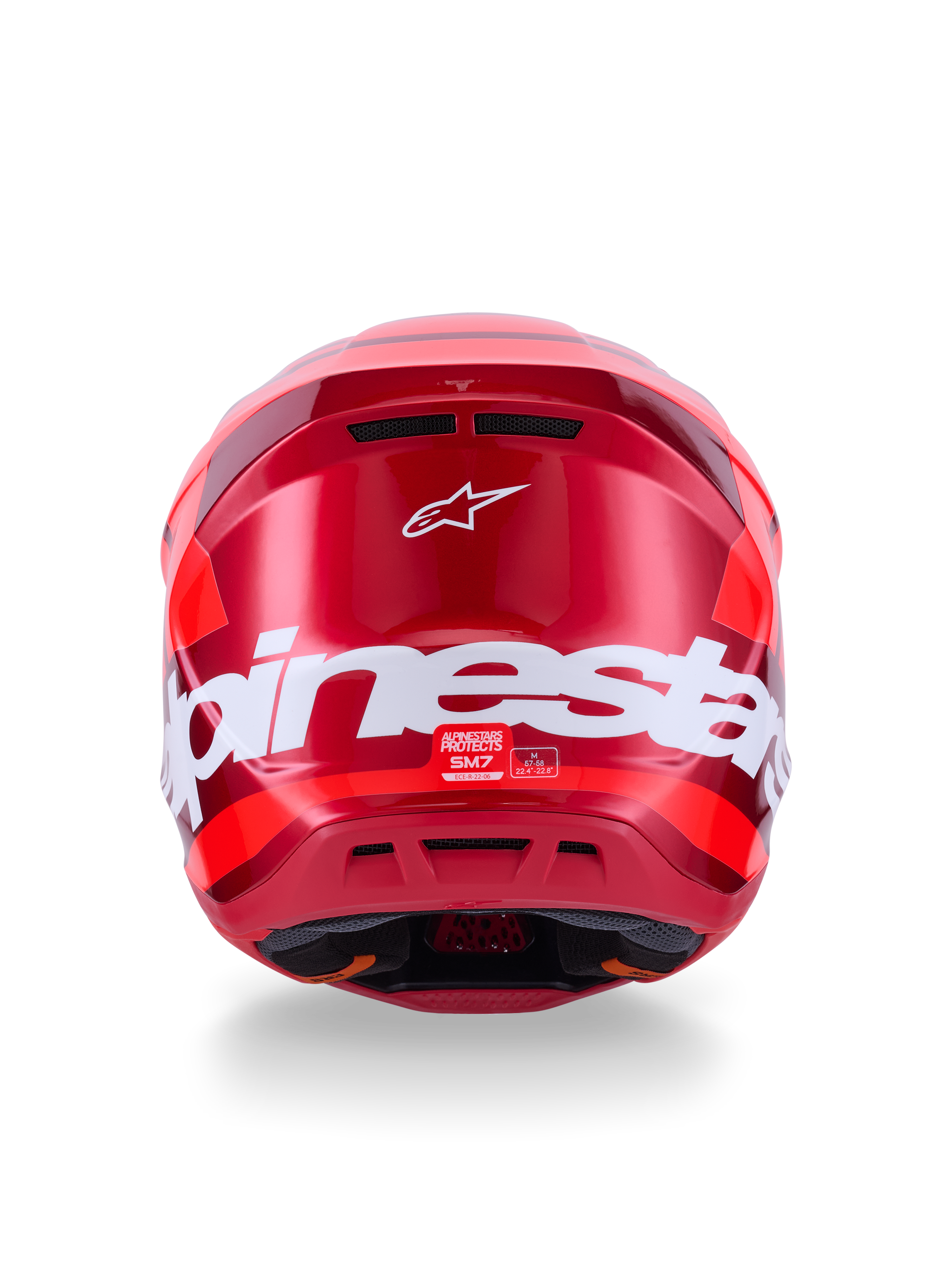 Alpinestars S-M7 Core hjelm, blank rød, set bagfra med stort hvidt Alpinestars-branding, aerodynamisk skal med integrerede ventilationsporte, professionel motocross-hovedbeskyttelse