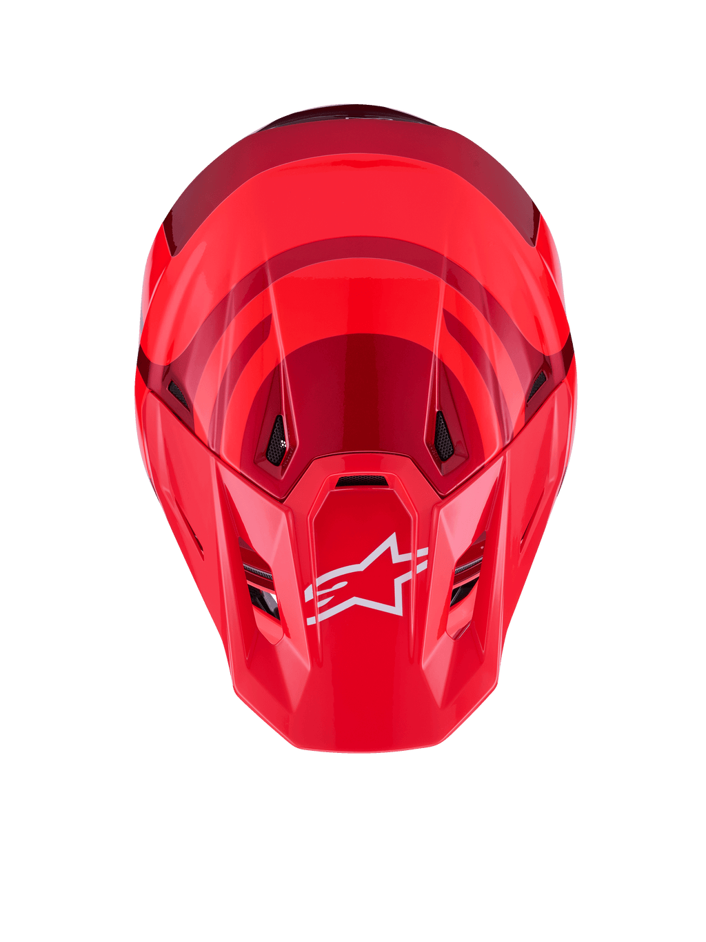 Alpinestars S-M7 Core-hjelm, Red Glossy, set oppefra med aerodynamisk skal og mørkerøde detaljer, hvidt A-star logo på visiret, integrerede ventilationsporte, højtydende motocross-beskyttelsesudstyr