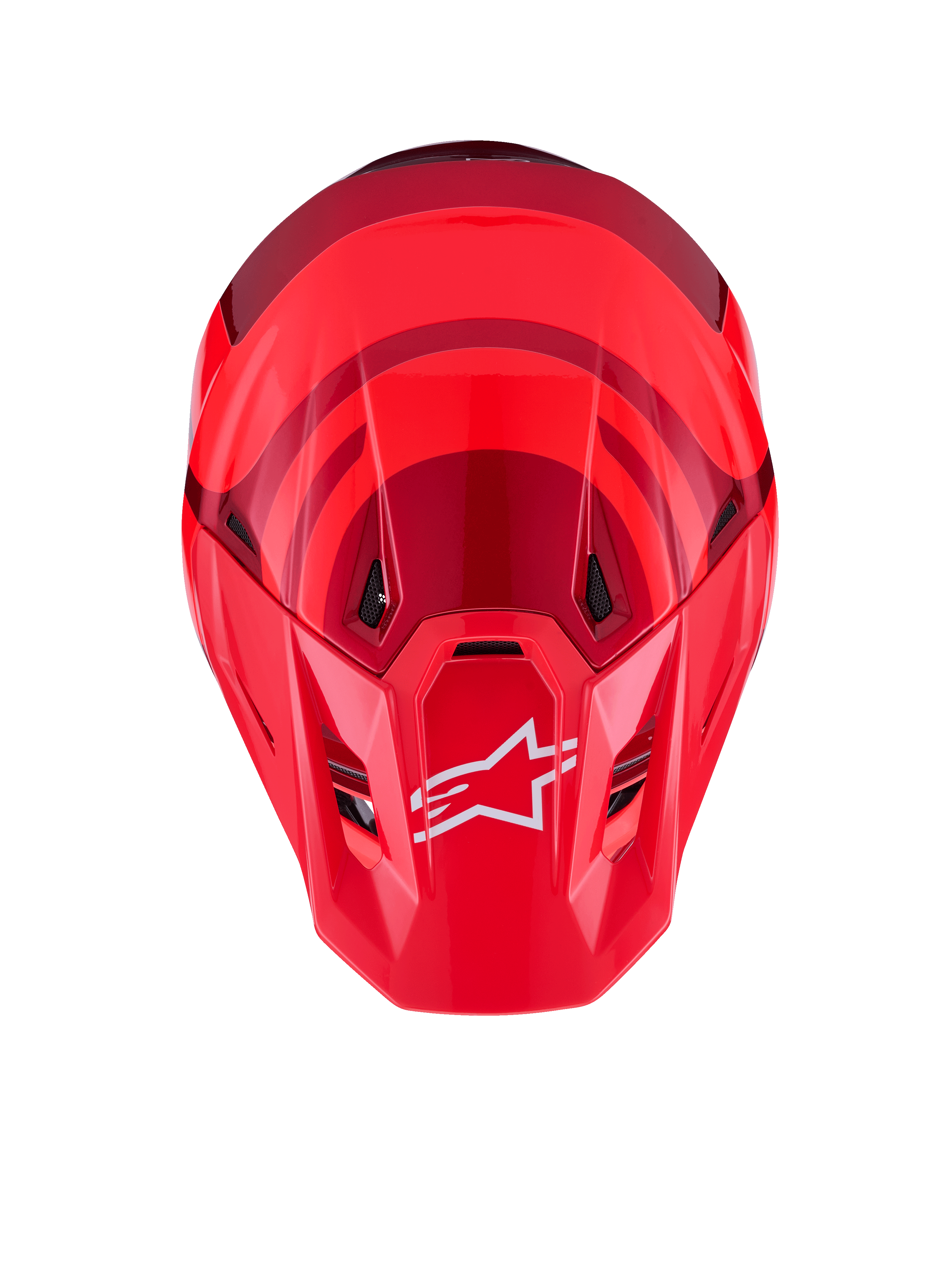 Alpinestars S-M7 Core-hjelm, Red Glossy, set oppefra med aerodynamisk skal og mørkerøde detaljer, hvidt A-star logo på visiret, integrerede ventilationsporte, højtydende motocross-beskyttelsesudstyr