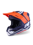 Alpinestars S-M7 Core-hjelm ECE 22.06, motocrosshjelm, orange og mat navyblå, med markant hvid branding, aerodynamisk skal med integreret ventilation, orange visir og professionel konstruktion til off-road racing.