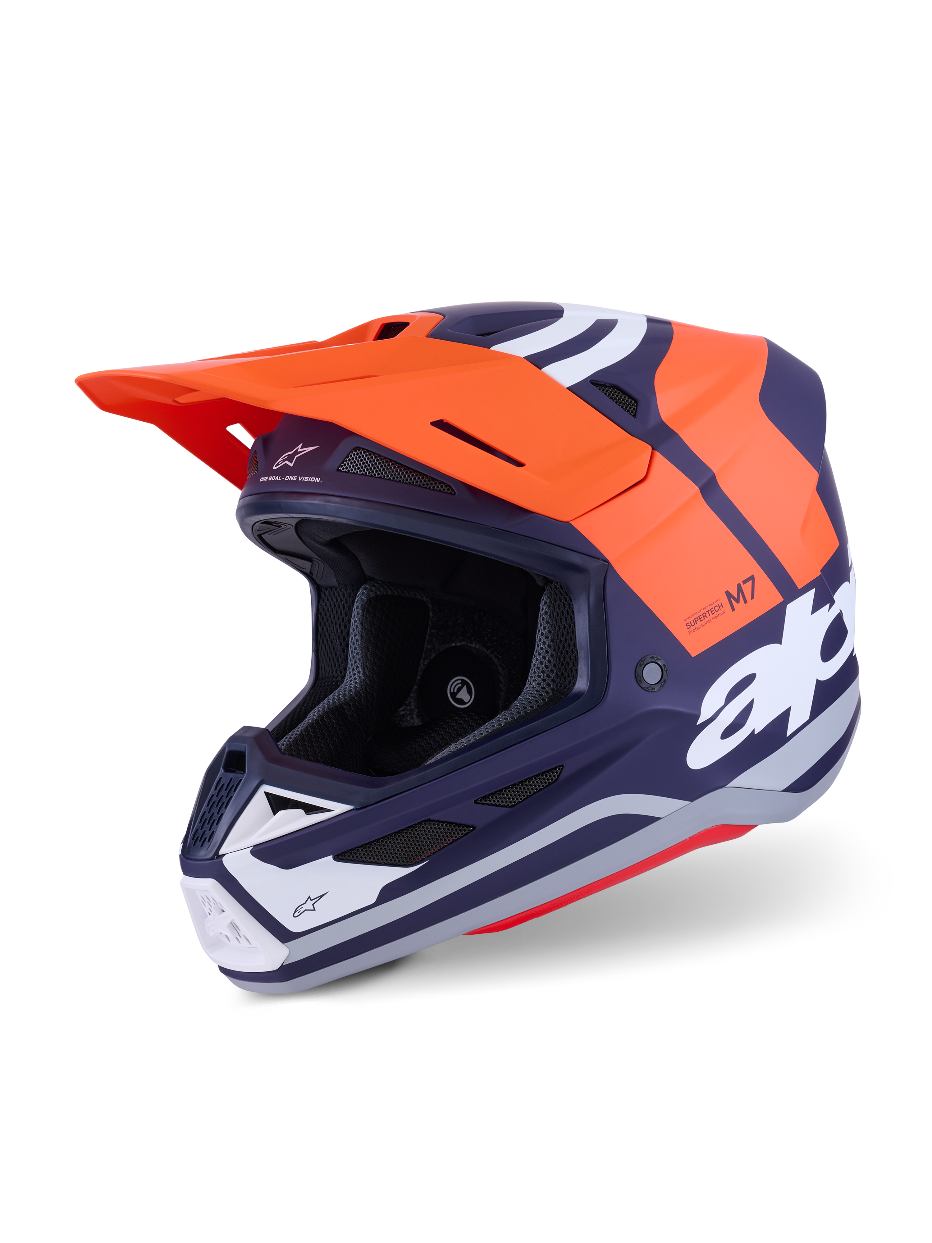 Alpinestars S-M7 Core-hjelm ECE 22.06, motocrosshjelm, orange og mat navyblå, med markant hvid branding, aerodynamisk skal med integreret ventilation, orange visir og professionel konstruktion til off-road racing.