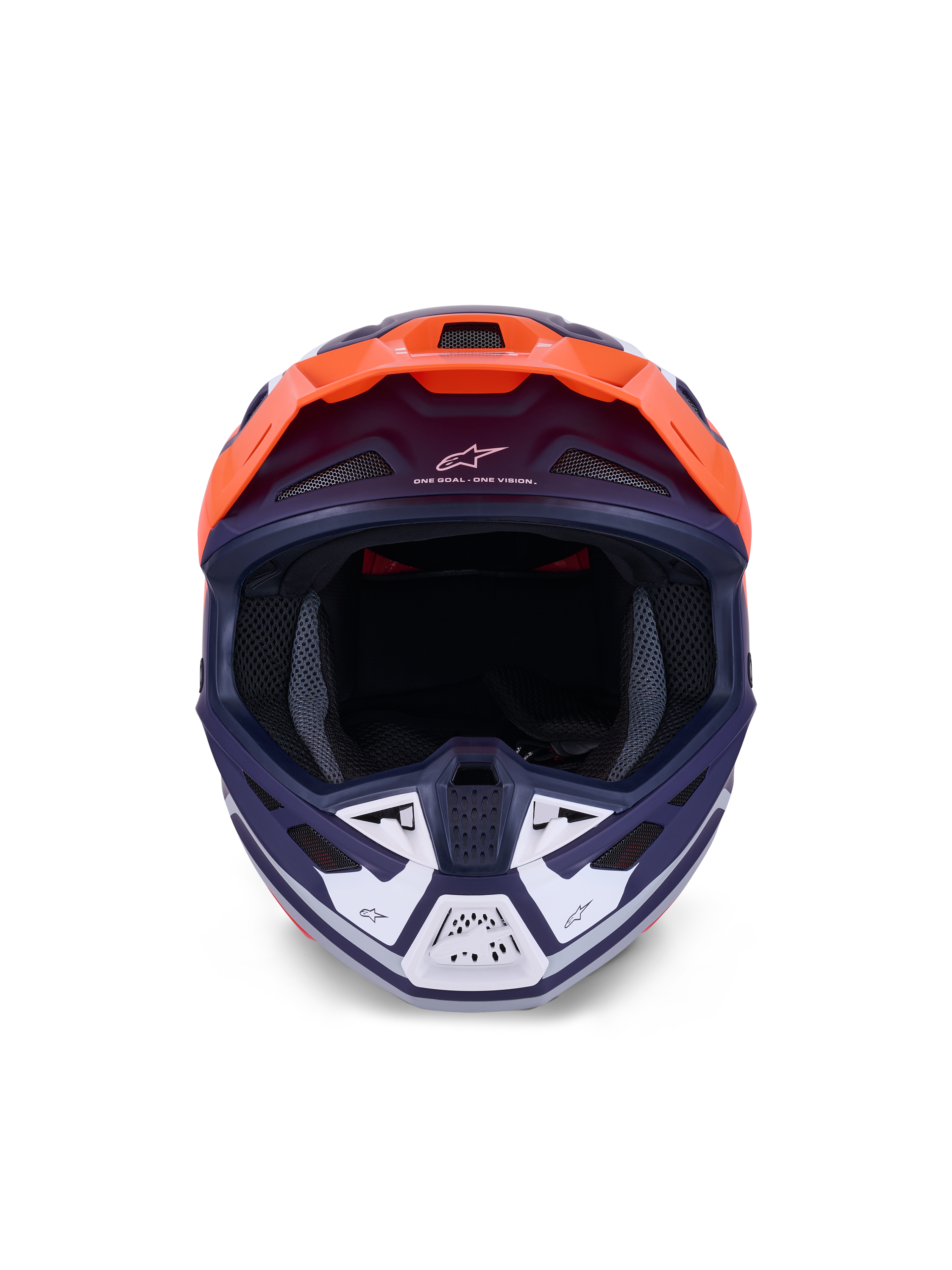 Alpinestars S-M7 Core hjelm, motocross-hjelm, orange og blå mat, set forfra med hvide detaljer på hagebeskytteren, med "One Goal - One Vision"-branding, aerodynamisk skal til off-road racing