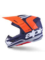 Alpinestars S-M7 Core hjelm ECE 22.06, sideprofil, navyblå og orange mat finish, stort hvidt logo på siden, aerodynamisk motocrosshjelm med beskyttende visir