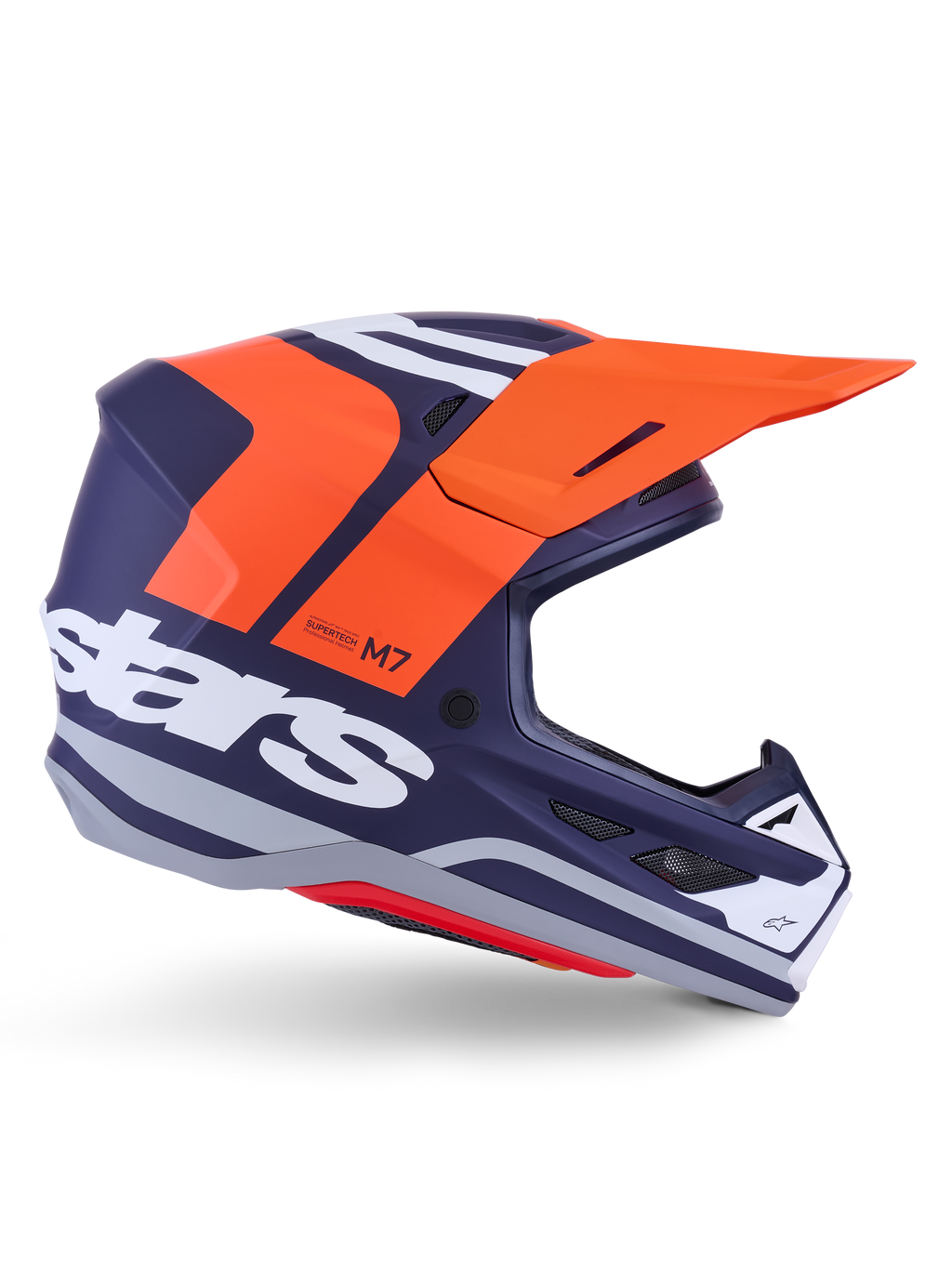 Alpinestars S-M7 Core hjelm ECE 22.06, motocross-racerhjelm, mat mørkeblå med markante orange og hvide detaljer, orange visir, aerodynamisk profil med mesh-ventilationsåbninger, ECE 22.06-certificeret