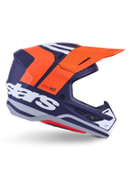 Alpinestars S-M7 Core hjelm ECE 22.06, motocross-racerhjelm, mat mørkeblå med markante orange og hvide detaljer, orange visir, aerodynamisk profil med mesh-ventilationsåbninger, ECE 22.06-certificeret