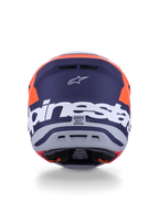 Alpinestars S-M7 Core hjelm ECE 22.06, motocross-hjelm, orange og blå mat, set bagfra med stor hvid Alpinestars-branding og Astars-logo, strømlinet aerodynamisk design med integrerede udluftningsporte, professionel beskyttelse til off-road