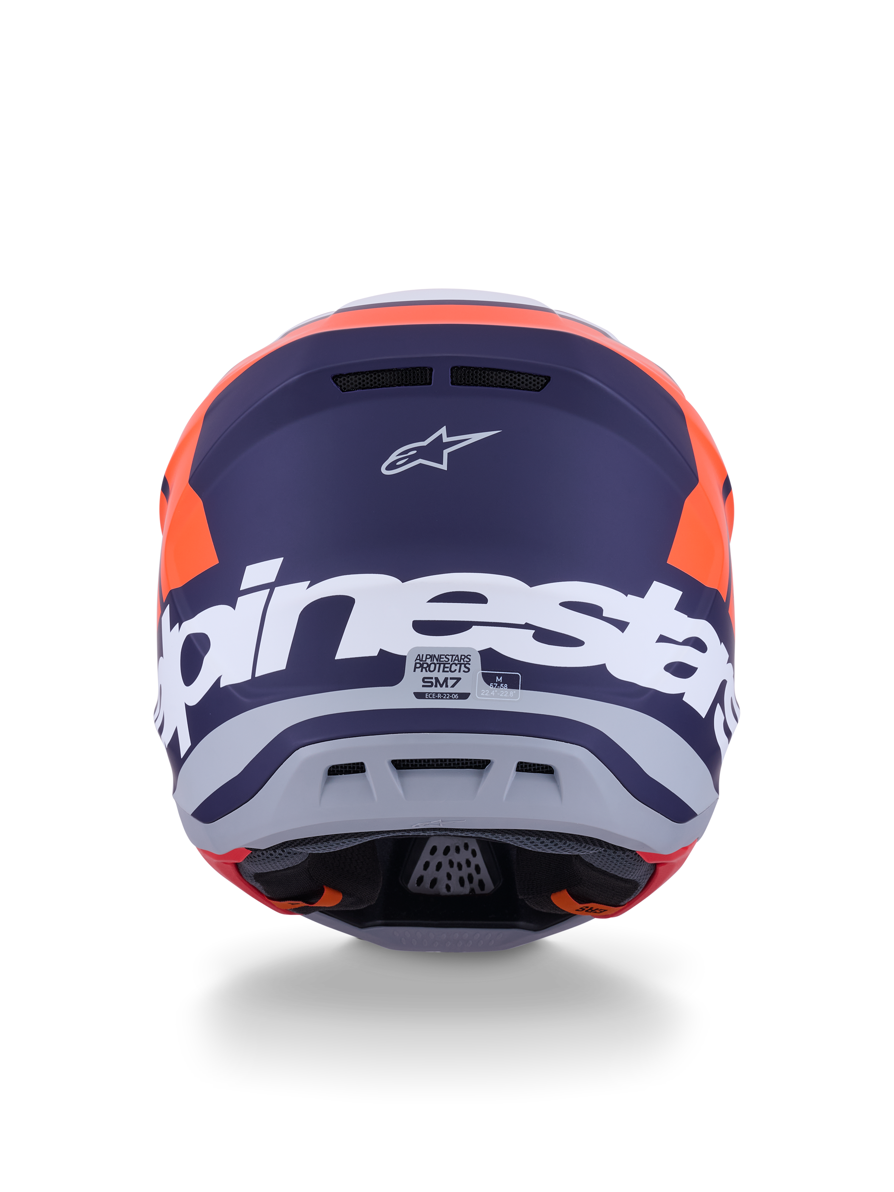 Alpinestars S-M7 Core hjelm ECE 22.06, motocross-hjelm, orange og blå mat, set bagfra med stor hvid Alpinestars-branding og Astars-logo, strømlinet aerodynamisk design med integrerede udluftningsporte, professionel beskyttelse til off-road