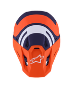 Alpinestars S-M7 Core hjelm ECE 22.06, motocross-hjelm, mat orange og blå, set oppefra med mørkeblå og hvide geometriske grafikker, hvidt Alpinestars-logo på orange visir, aerodynamisk skaldesign til off-road racing