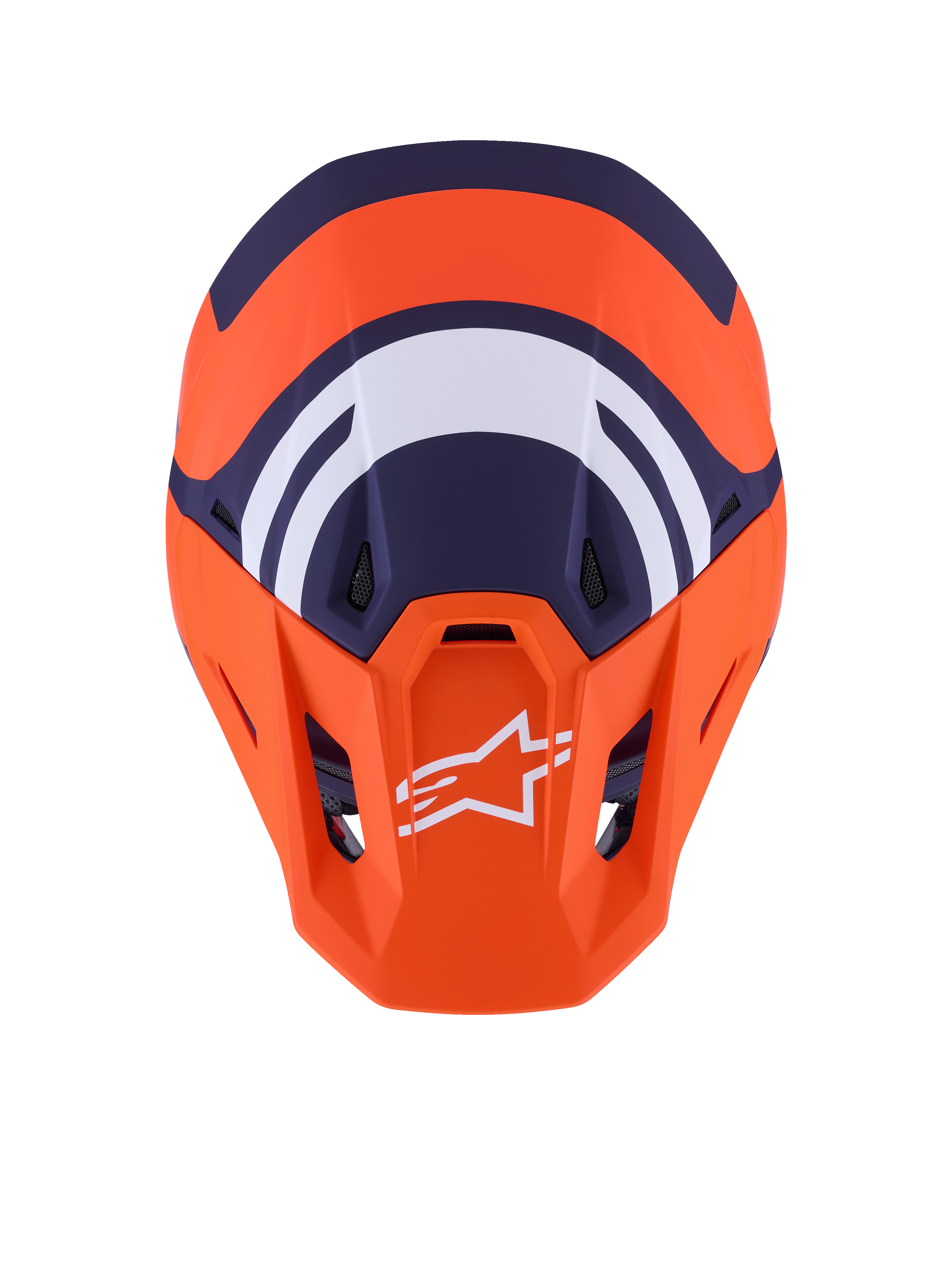 Alpinestars S-M7 Core hjelm ECE 22.06, motocross-hjelm, mat orange og blå, set oppefra med mørkeblå og hvide geometriske grafikker, hvidt Alpinestars-logo på orange visir, aerodynamisk skaldesign til off-road racing