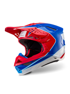 Alpinestars Supertech M10 Aeon hjelm, motocrosshjelm, klar rød og blå i blank finish, trekvart visning der viser den aerodynamiske skal med flere ventilationsporte, hvide og røde grafiske accenter, Alpinestars-logo på visiret og siden, professionelt off-road racerudstyr