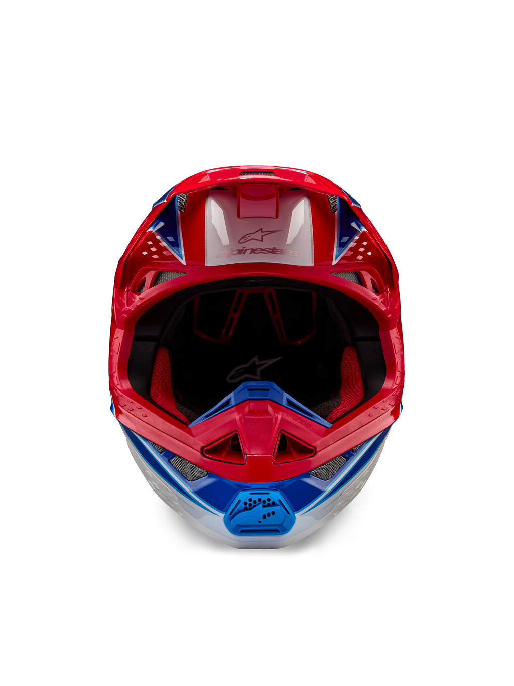 Alpinestars Supertech M10 Aeon ECE 22.06 hjelm, motocrosshjelm, klar rød og blå blank finish, set forfra med en aerodynamisk skal, ventileret hagebeskytter og rød indvendig polstring, markant blank finish til off-road racing