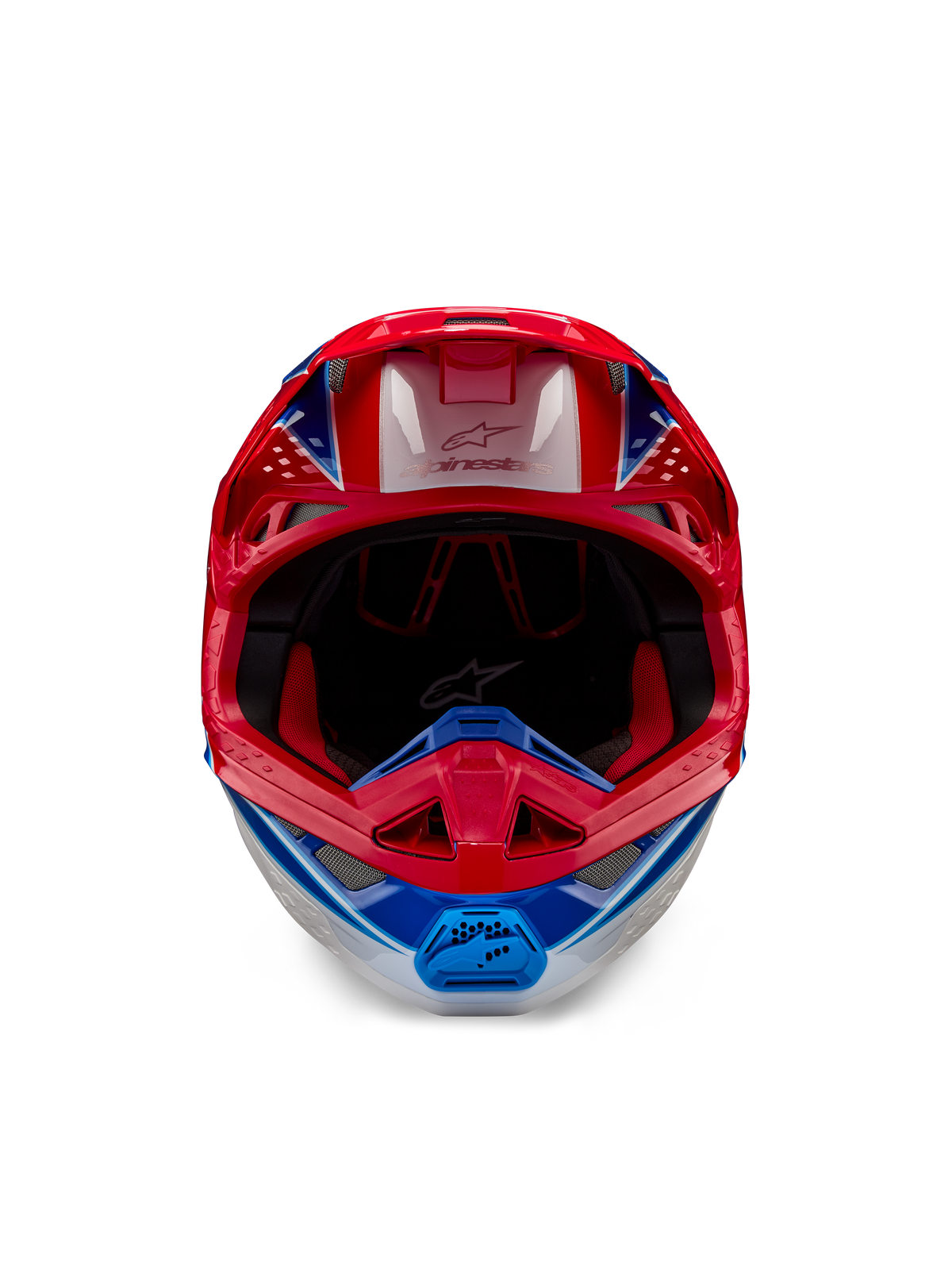 Alpinestars Supertech M10 Aeon ECE 22.06 hjelm, motocrosshjelm, klar rød og blå blank finish, set forfra med en aerodynamisk skal, ventileret hagebeskytter og rød indvendig polstring, markant blank finish til off-road racing