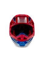 Alpinestars Supertech M10 Aeon ECE 22.06 hjelm, motocrosshjelm, klar rød og blå blank finish, set forfra med en aerodynamisk skal, ventileret hagebeskytter og rød indvendig polstring, markant blank finish til off-road racing