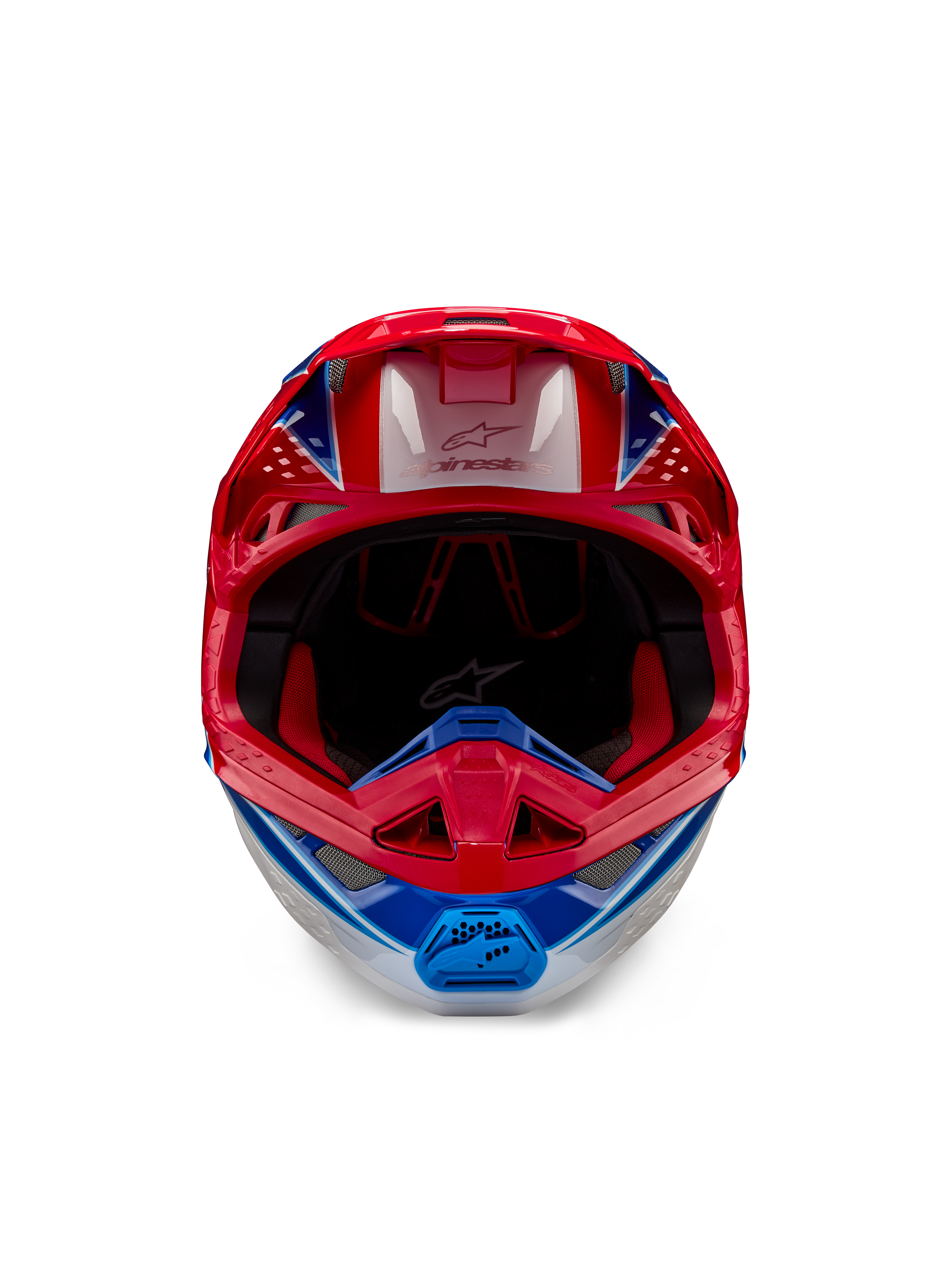 Alpinestars Supertech M10 Aeon ECE 22.06 hjelm, motocrosshjelm, klar rød og blå blank finish, set forfra med en aerodynamisk skal, ventileret hagebeskytter og rød indvendig polstring, markant blank finish til off-road racing