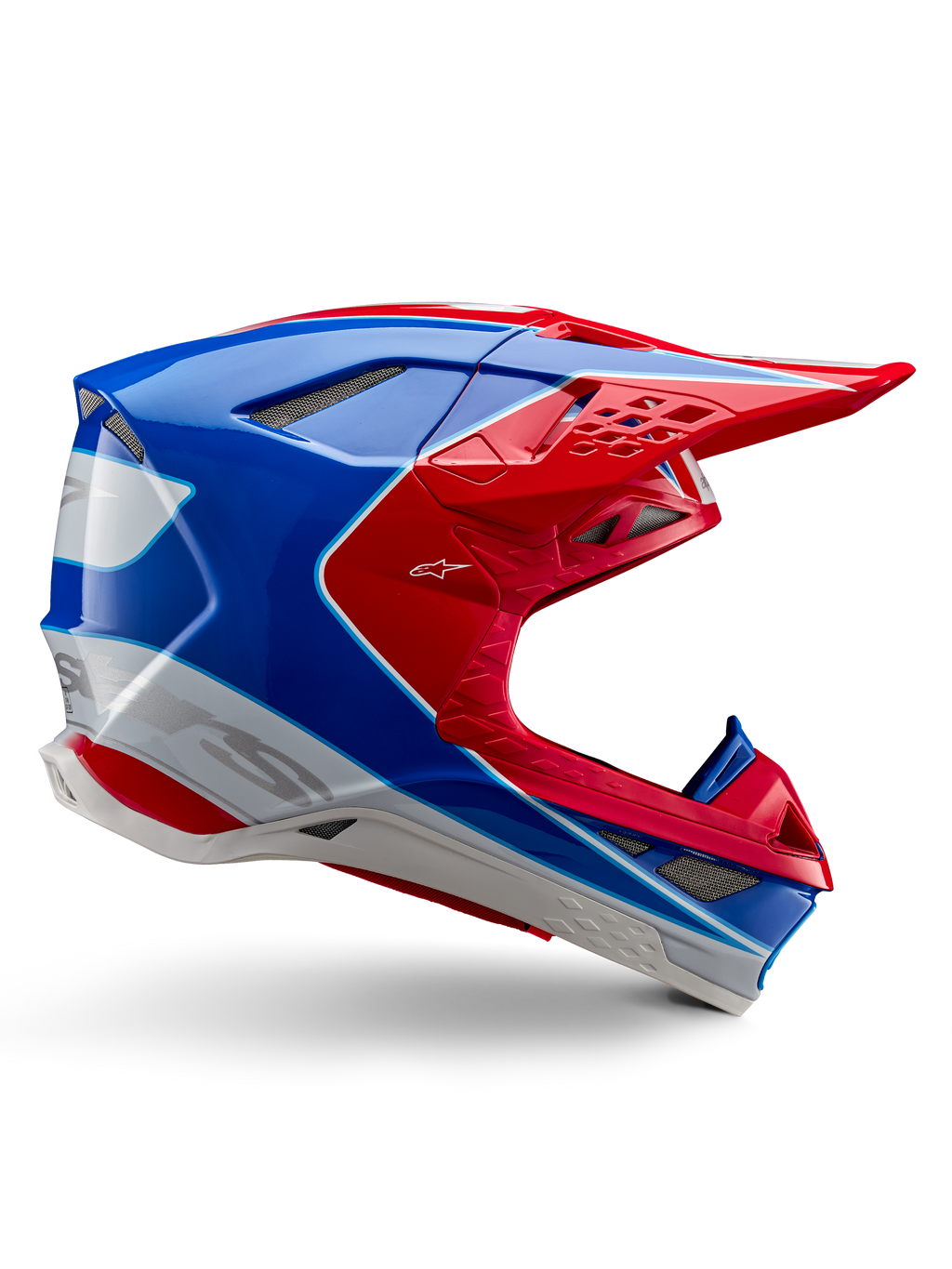 Alpinestars Supertech M10 Aeon hjelm, motocross-racerhjelm, rød, blå og hvid, blank finish, aerodynamisk sideprofil med flere mesh-dækkede ventilationsåbninger, kantede konturer og skygge
