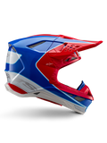 Alpinestars Supertech M10 Aeon hjelm, motocross-racerhjelm, rød, blå og hvid, blank finish, aerodynamisk sideprofil med flere mesh-dækkede ventilationsåbninger, kantede konturer og skygge