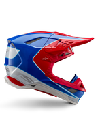 Alpinestars Supertech M10 Aeon hjelm, motocross-racerhjelm, rød, blå og hvid, blank finish, aerodynamisk sideprofil med flere mesh-dækkede ventilationsåbninger, kantede konturer og skygge