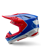Alpinestars Supertech M10 Aeon ECE 22.06 hjelm, motocross-hjelm, klar rød og blå blank, sideprofil, aerodynamisk multi-komposit skal med integrerede ventilationsporte og rødt og blåt grafisk design, blank finish til off-road racing