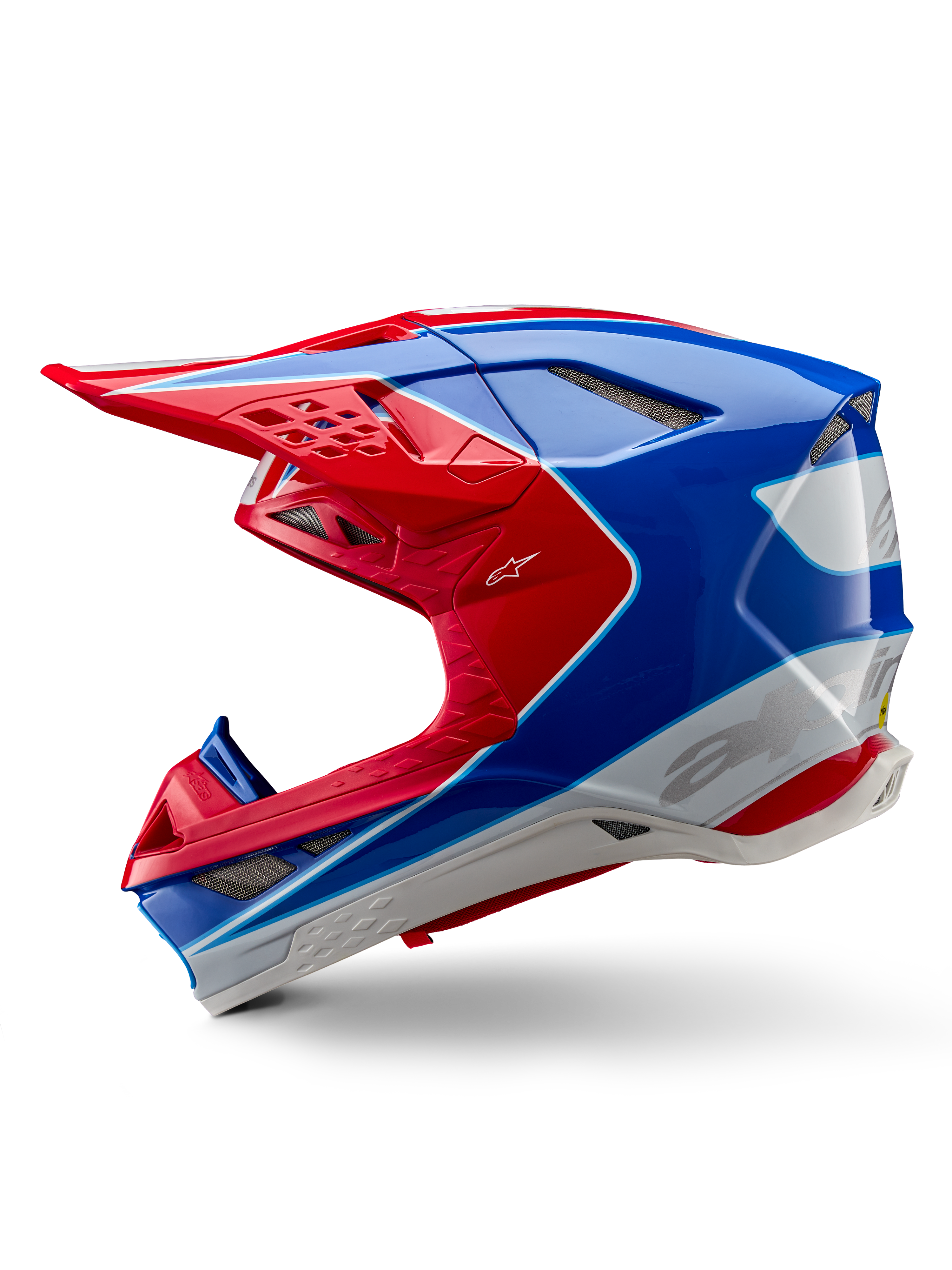 Alpinestars Supertech M10 Aeon ECE 22.06 hjelm, motocross-hjelm, klar rød og blå blank, sideprofil, aerodynamisk multi-komposit skal med integrerede ventilationsporte og rødt og blåt grafisk design, blank finish til off-road racing