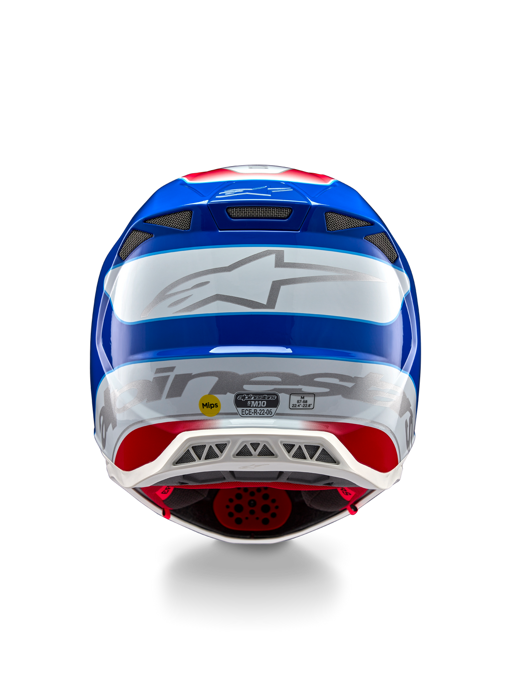 Alpinestars Supertech M10 Aeon ECE 22.06 hjelm, motocrosshjelm, set bagfra, klar rød og blå blank finish, stort sølvfarvet Alpinestars-logo, flere ventilationsporte, MIPS- og ECE-sikkerhedsmærkater, professionel racerbeskyttelse