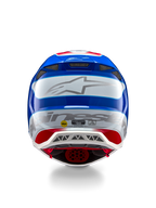 Alpinestars Supertech M10 Aeon ECE 22.06 hjelm, motocrosshjelm, set bagfra, klar rød og blå blank finish, stort sølvfarvet Alpinestars-logo, flere ventilationsporte, MIPS- og ECE-sikkerhedsmærkater, professionel racerbeskyttelse