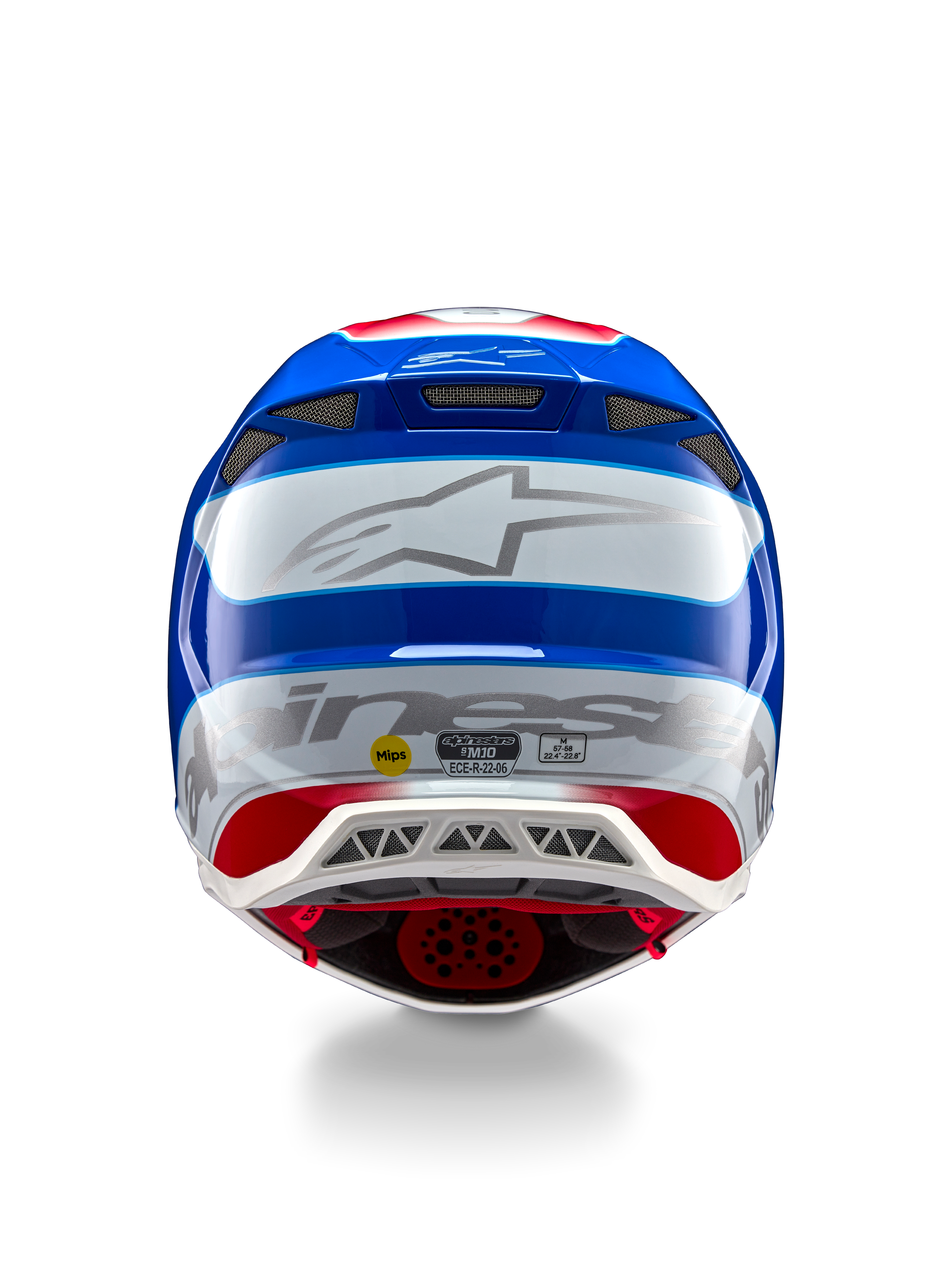Alpinestars Supertech M10 Aeon ECE 22.06 hjelm, motocrosshjelm, set bagfra, klar rød og blå blank finish, stort sølvfarvet Alpinestars-logo, flere ventilationsporte, MIPS- og ECE-sikkerhedsmærkater, professionel racerbeskyttelse
