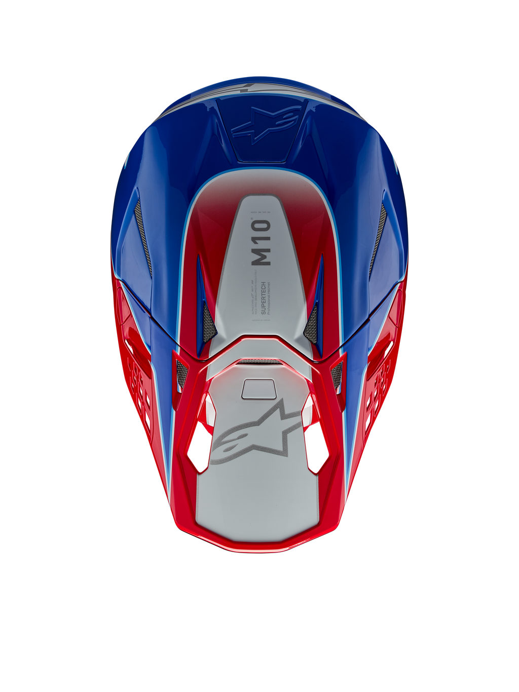 Alpinestars Supertech M10 Aeon hjelm, motocrosshjelm, klar rød og blå blank, set oppefra med sølvfarvet centralt panel og M10-branding, aerodynamisk skal med røde og blå detaljer, mesh-ventilationsporte, højtydende motocross-hovedbeskyttelse