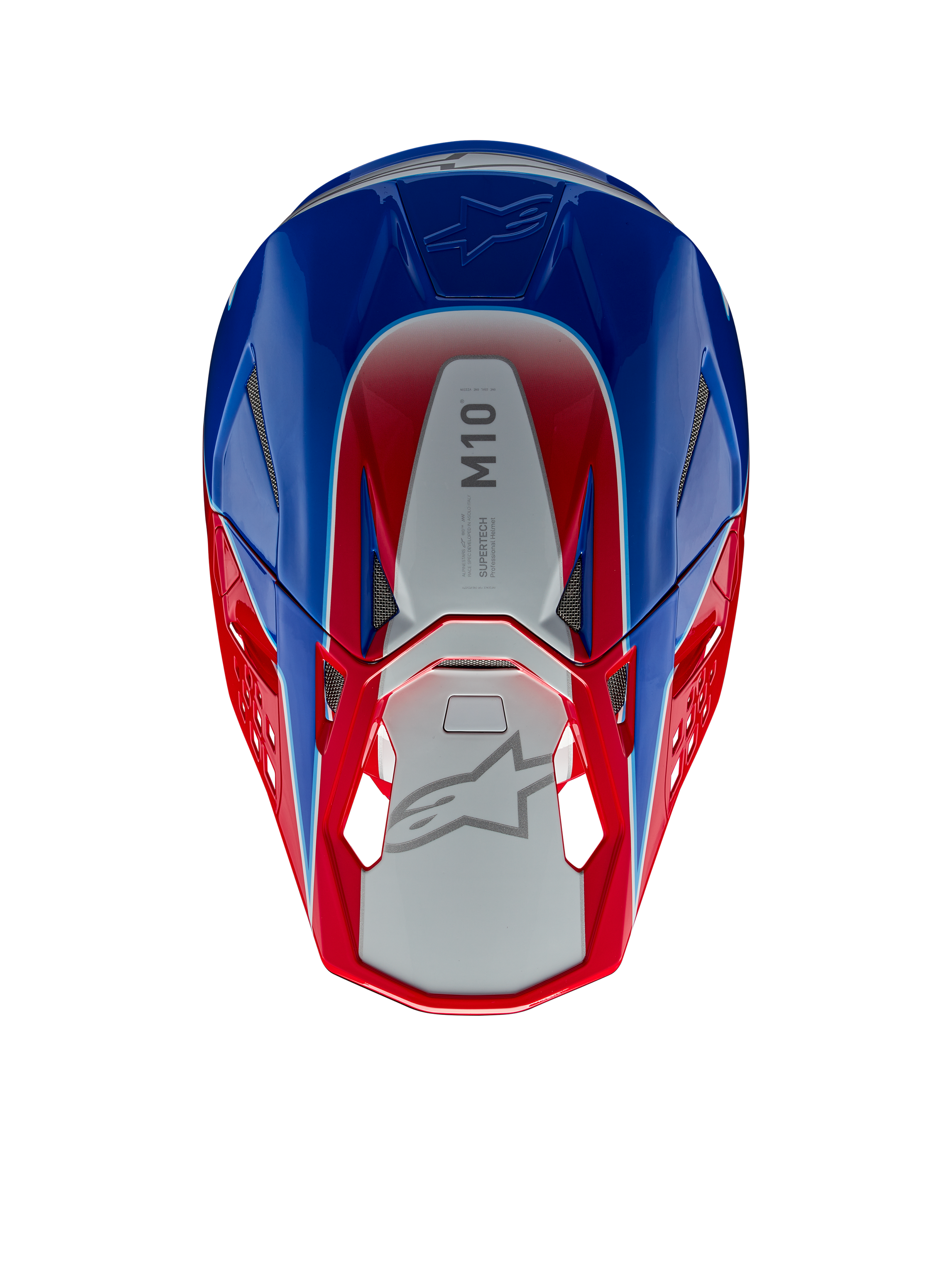 Alpinestars Supertech M10 Aeon hjelm, motocrosshjelm, klar rød og blå blank, set oppefra med sølvfarvet centralt panel og M10-branding, aerodynamisk skal med røde og blå detaljer, mesh-ventilationsporte, højtydende motocross-hovedbeskyttelse