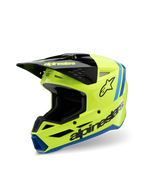 Alpinestars S-M3 Youth Radium Helmet, Motocross Helmet, Yellow Fluo Black and Blue, featuring a black visor, bold Alpinestars logo on the side, blue accents on the trim, high-performance protective gear for youth riders