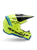 Alpinestars S-M3 Youth Radium Helmet, Motocross Youth Helmet, Bright Fluo Yellow with Black and Blue accents, side view showcasing aerodynamic design, black peak with yellow logo, bold black branding on the side, ECE 22.06 certified protection for off-road racing