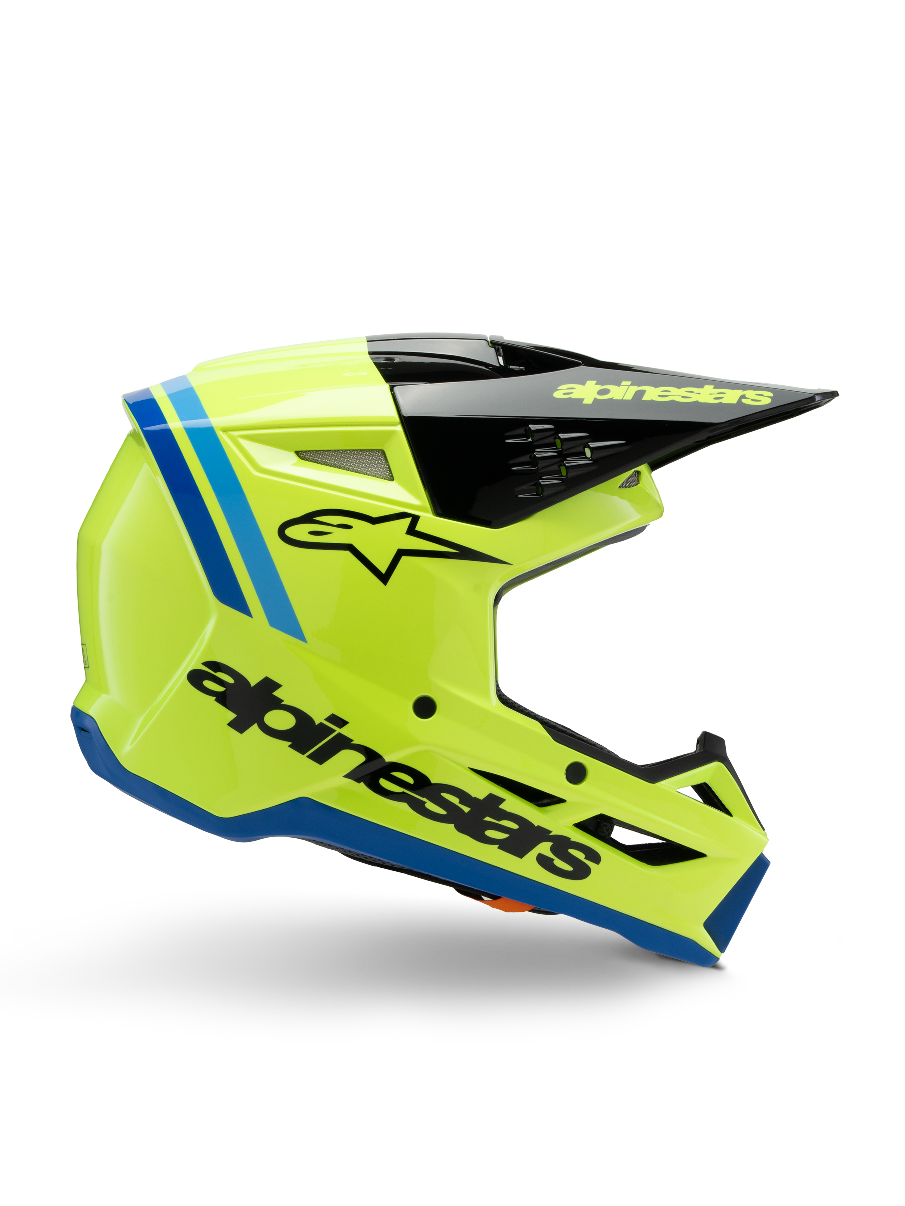 Alpinestars S-M3 Youth Radium hjelm, motocrosshjelm til unge, stærk fluogul med sorte og blå detaljer, sidevisning der viser det aerodynamiske design, sort skygge med gult logo, markant sort branding på siden, ECE 22.06-certificeret beskyttelse til off-road kørsel