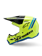Alpinestars S-M3 Youth Radium Helmet, Motocross Helmet, Bright Fluorescent Yellow with Blue and Black accents, featuring bold Alpinestars branding, sleek aerodynamic profile for youth off-road racing
