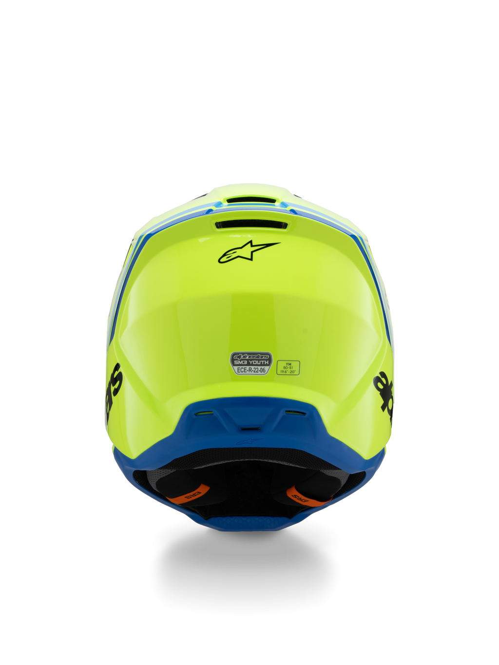Alpinestars S-M3 Youth Radium Helmet ECE 22.06, Motocross Helmet, Yellow Fluo and Blue, rear view featuring black Alpinestars logo and ECE certification sticker, aerodynamic shell design for youth off-road racing