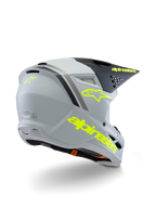 Alpinestars S-M3 Youth Radium hjelm ECE 22.06, motocrosshjelm, mat grå, sort og fluorescerende gul, set skråt bagfra med markant gul branding og stjerne-logo, strømlinet aerodynamisk skal med ventilation til terrænkørsel