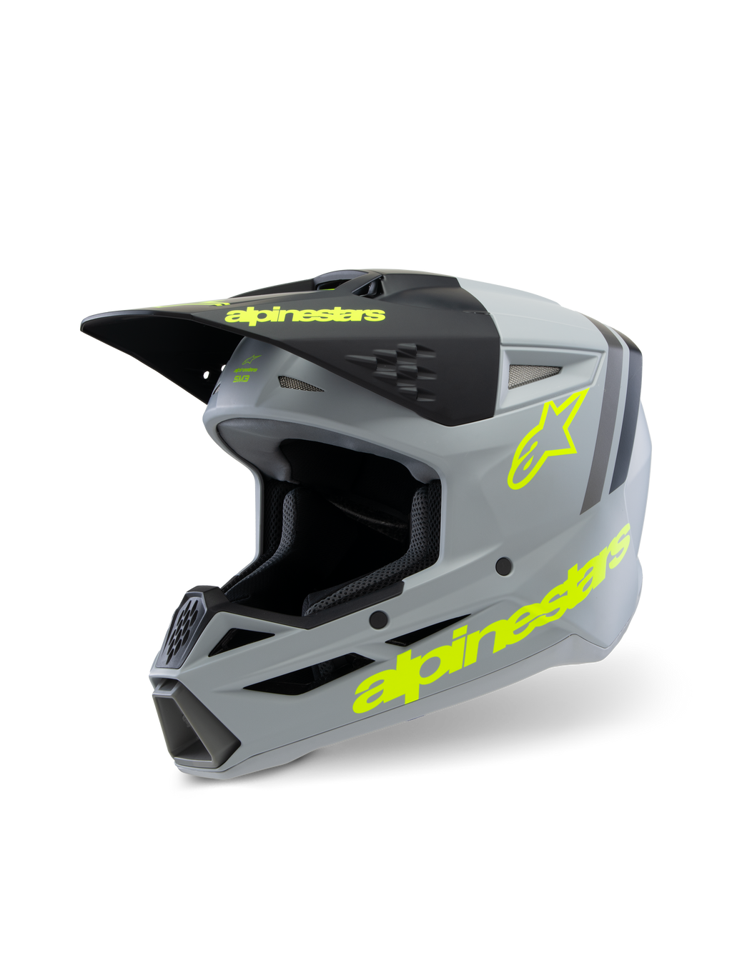 Alpinestars S-M3 Youth Radium hjelm ECE 22.06, motocrosshjelm, matgrå og sort med fluorescerende gule detaljer, med fremtrædende Alpinestars-branding og stjernelogo, off-road beskyttelsesudstyr til unge