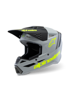 Alpinestars S-M3 Youth Radium hjelm ECE 22.06, motocrosshjelm, matgrå og sort med fluorescerende gule detaljer, med fremtrædende Alpinestars-branding og stjernelogo, off-road beskyttelsesudstyr til unge