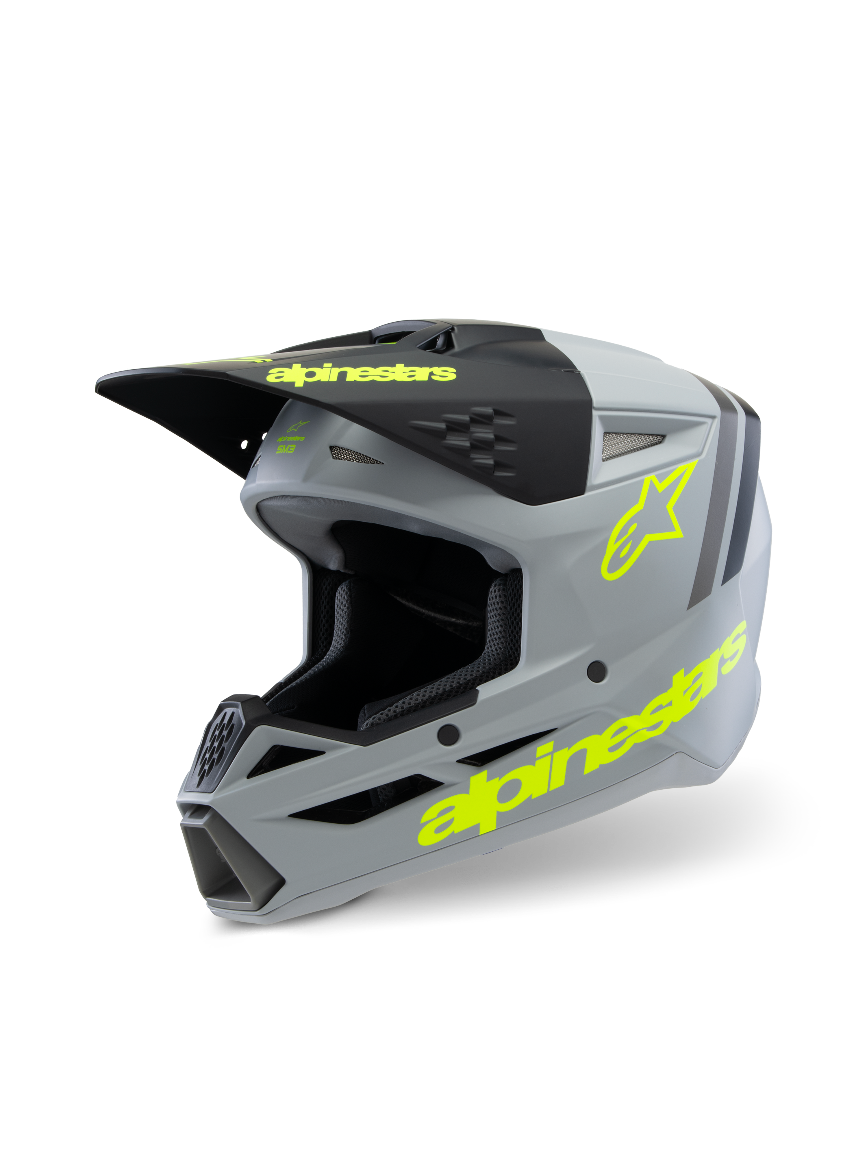 Alpinestars S-M3 Youth Radium hjelm ECE 22.06, motocrosshjelm, matgrå og sort med fluorescerende gule detaljer, med fremtrædende Alpinestars-branding og stjernelogo, off-road beskyttelsesudstyr til unge
