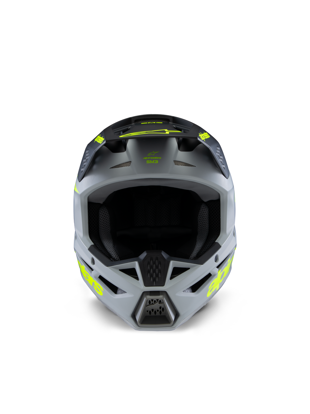 Alpinestars S-M3 Youth Radium hjelm, motocrosshjelm, grå, sort og mat gul fluo, set forfra med en aggressiv kantet skal, markante gule logoer på siderne og skyggen, mat finish designet til off-road og MX-racing til unge