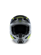 Alpinestars S-M3 Youth Radium hjelm, motocrosshjelm, grå, sort og mat gul fluo, set forfra med en aggressiv kantet skal, markante gule logoer på siderne og skyggen, mat finish designet til off-road og MX-racing til unge