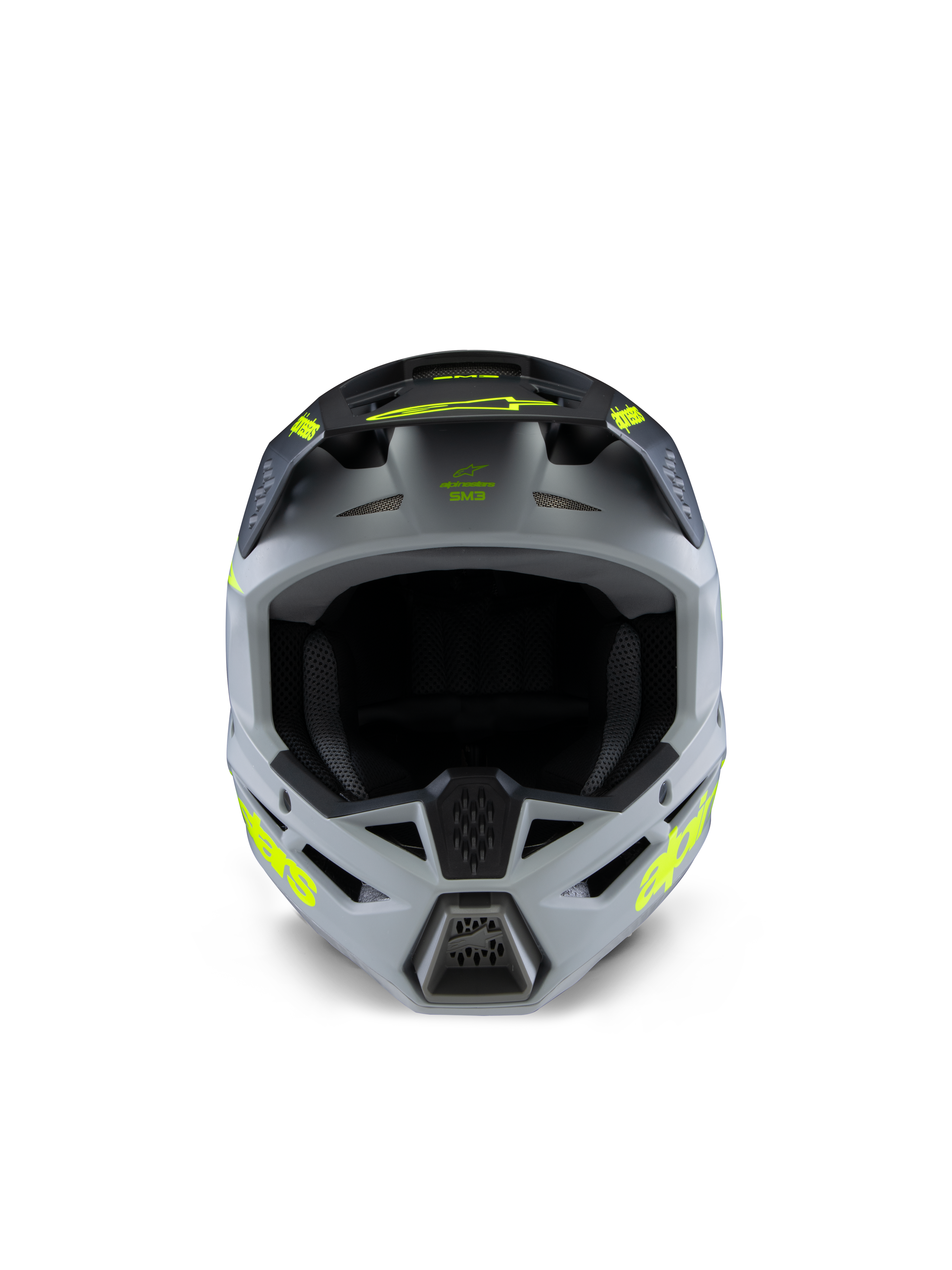 Alpinestars S-M3 Youth Radium hjelm, motocrosshjelm, grå, sort og mat gul fluo, set forfra med en aggressiv kantet skal, markante gule logoer på siderne og skyggen, mat finish designet til off-road og MX-racing til unge