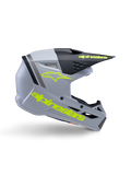 Alpinestars S-M3 Youth Radium hjelm ECE 22.06, motocross-hjelm til unge, mat grå og sort med neongul branding, sideprofil der viser Alpinestars-logo og tekst, aerodynamisk design med integreret ventilation og sort visir