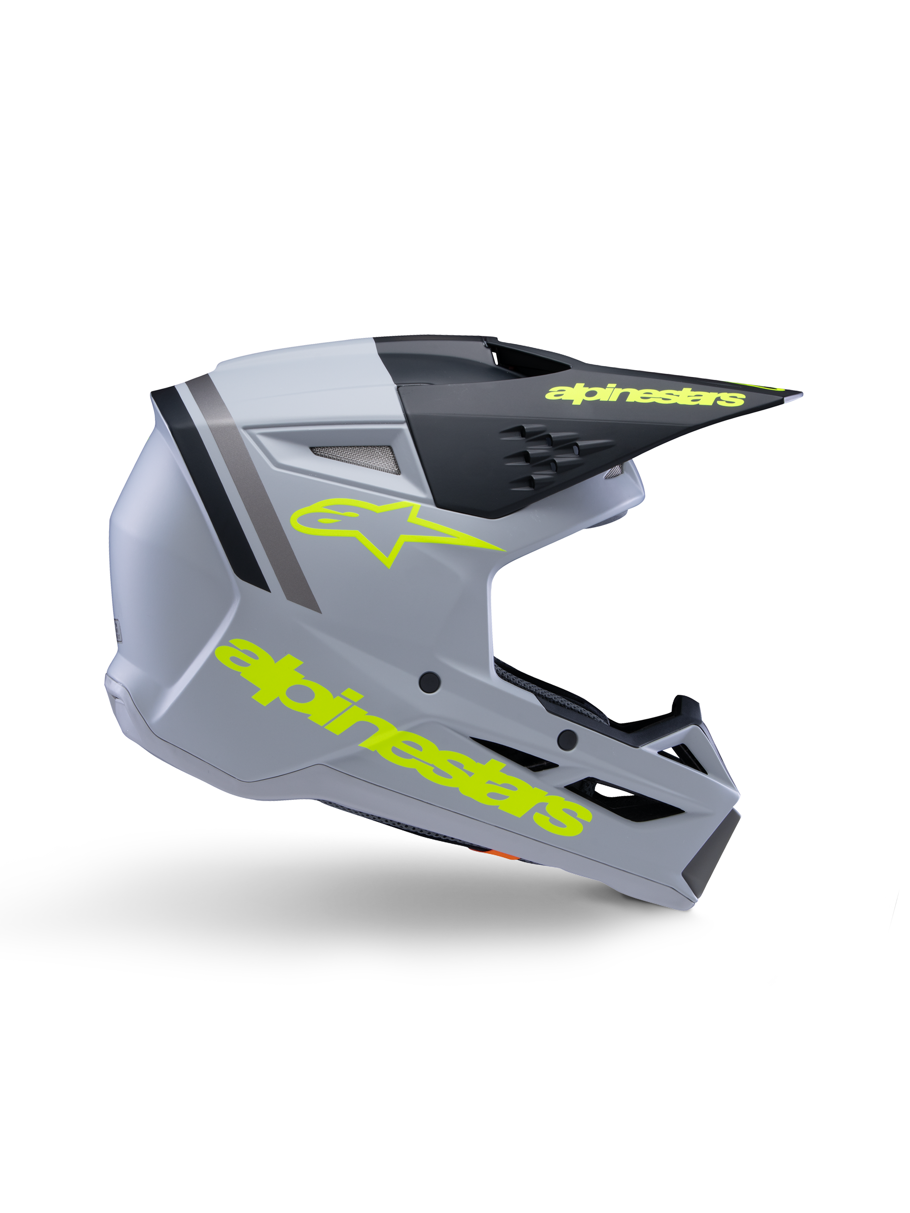 Alpinestars S-M3 Youth Radium hjelm ECE 22.06, motocross-hjelm til unge, mat grå og sort med neongul branding, sideprofil der viser Alpinestars-logo og tekst, aerodynamisk design med integreret ventilation og sort visir